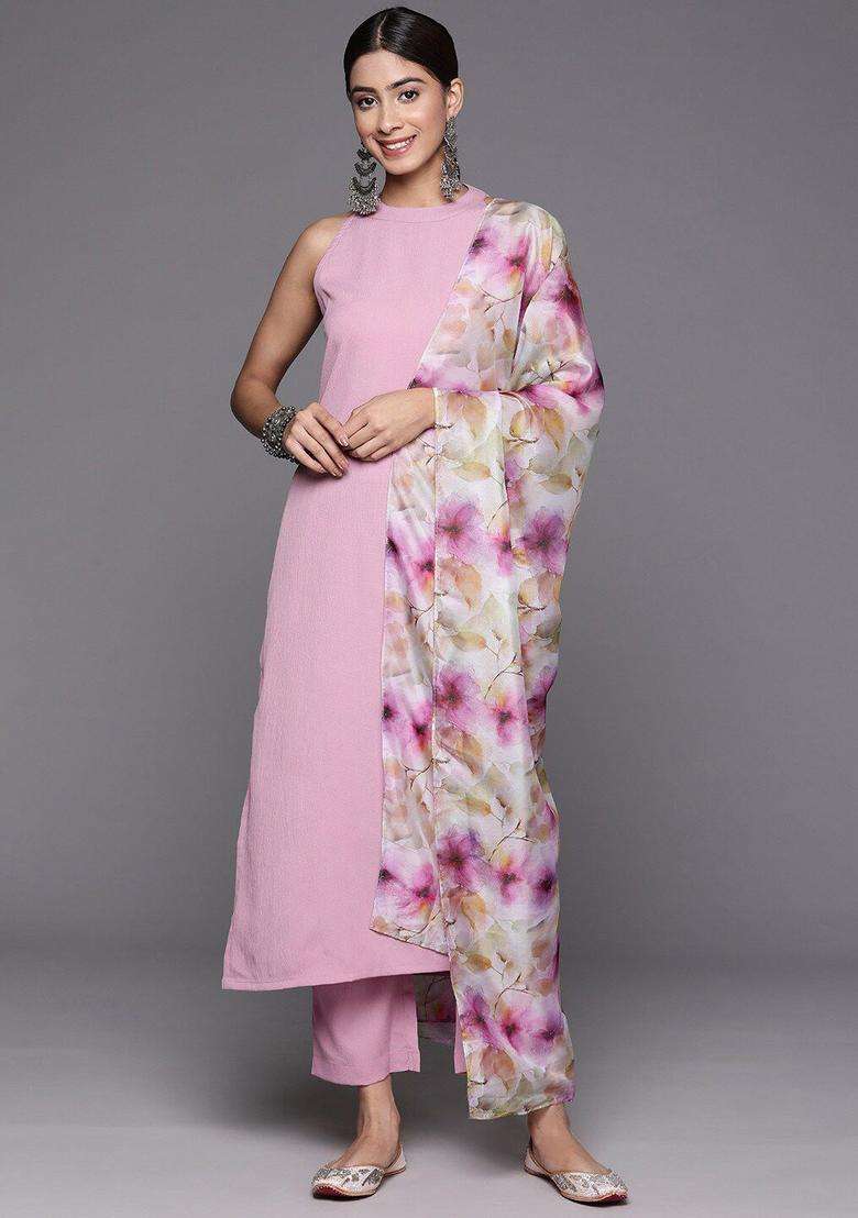 Pink Solid Silk Blend Kurta Set - Indya