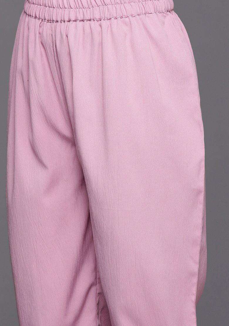 Pink Solid Silk Blend Kurta Set - Indya