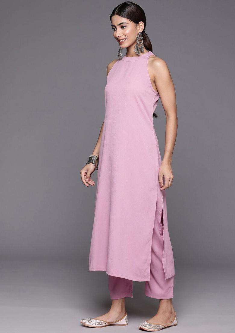 Pink Solid Silk Blend Kurta Set - Indya