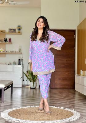 Purple Embroidered Cotton Kurta Set