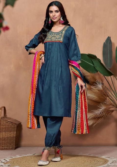 Blue Yoke Design Cotton Kurta Set — view on Indya