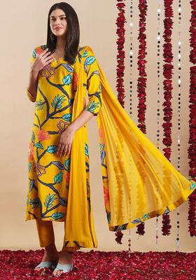 Yellow Printed Viscose Kurta Set
