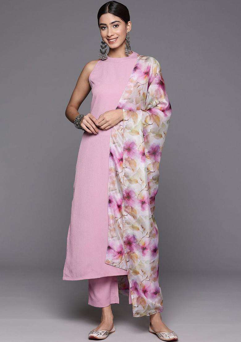Pink Solid Silk Blend Kurta Set - Indya