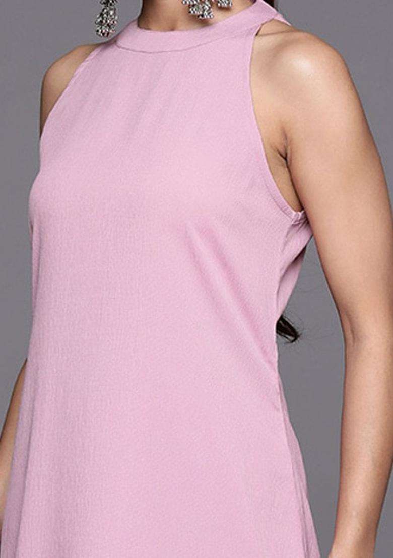 Pink Solid Silk Blend Kurta Set - Indya