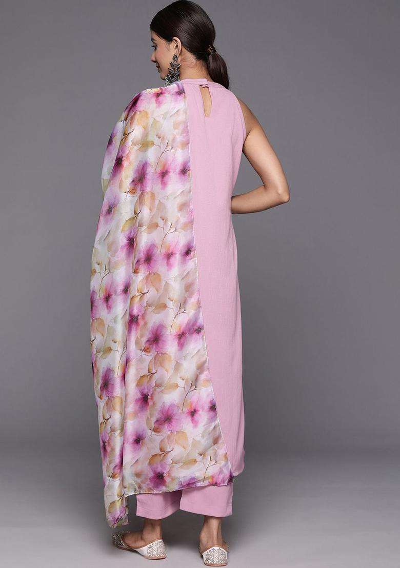 Pink Solid Silk Blend Kurta Set - Indya