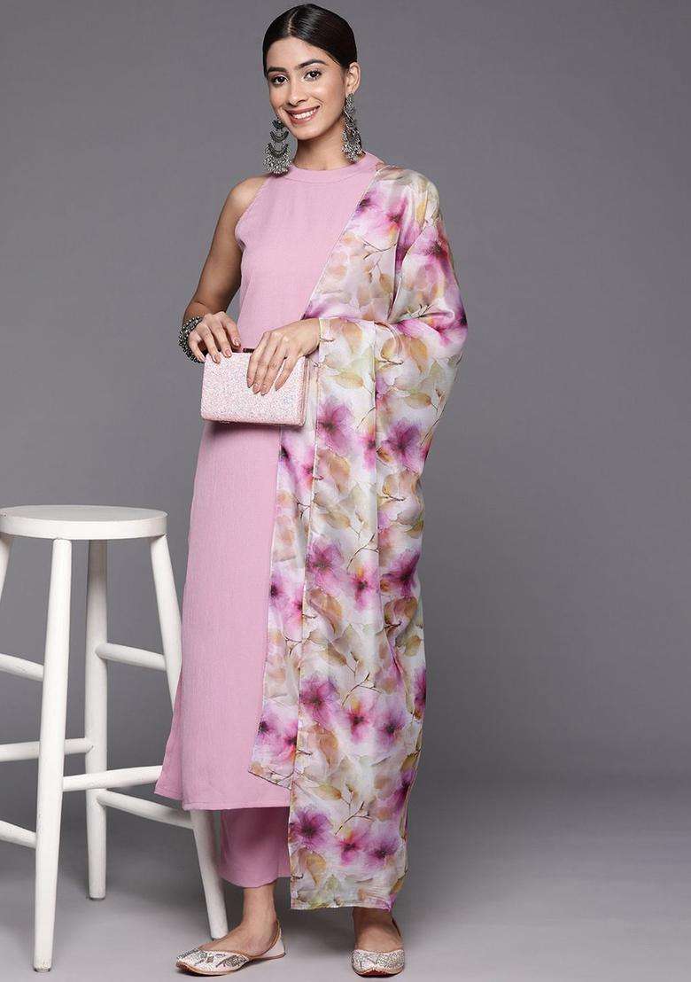 Pink Solid Silk Blend Kurta Set - Indya