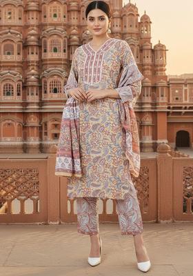 Cream Printed Cotton Kurta Set
