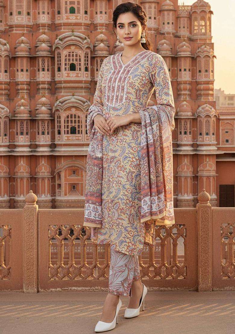 Cream Printed Cotton Kurta Set - Indya