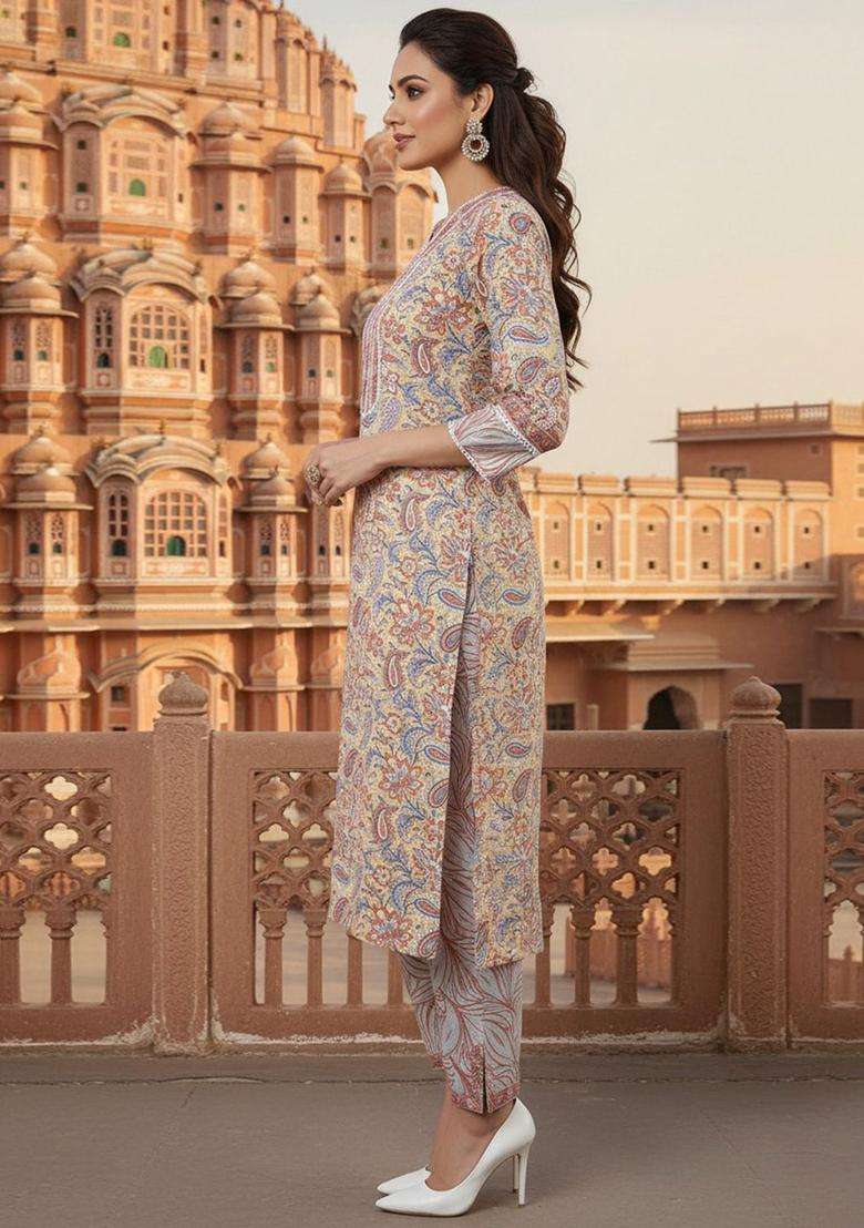 Cream Printed Cotton Kurta Set - Indya