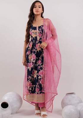 Navy Blue Printed Cotton Kurta Set