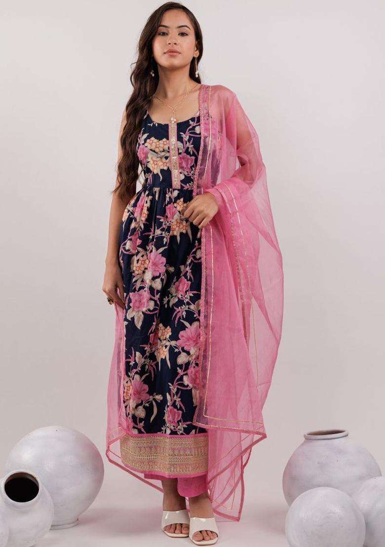 Navy Blue Printed Cotton Kurta Set - Indya