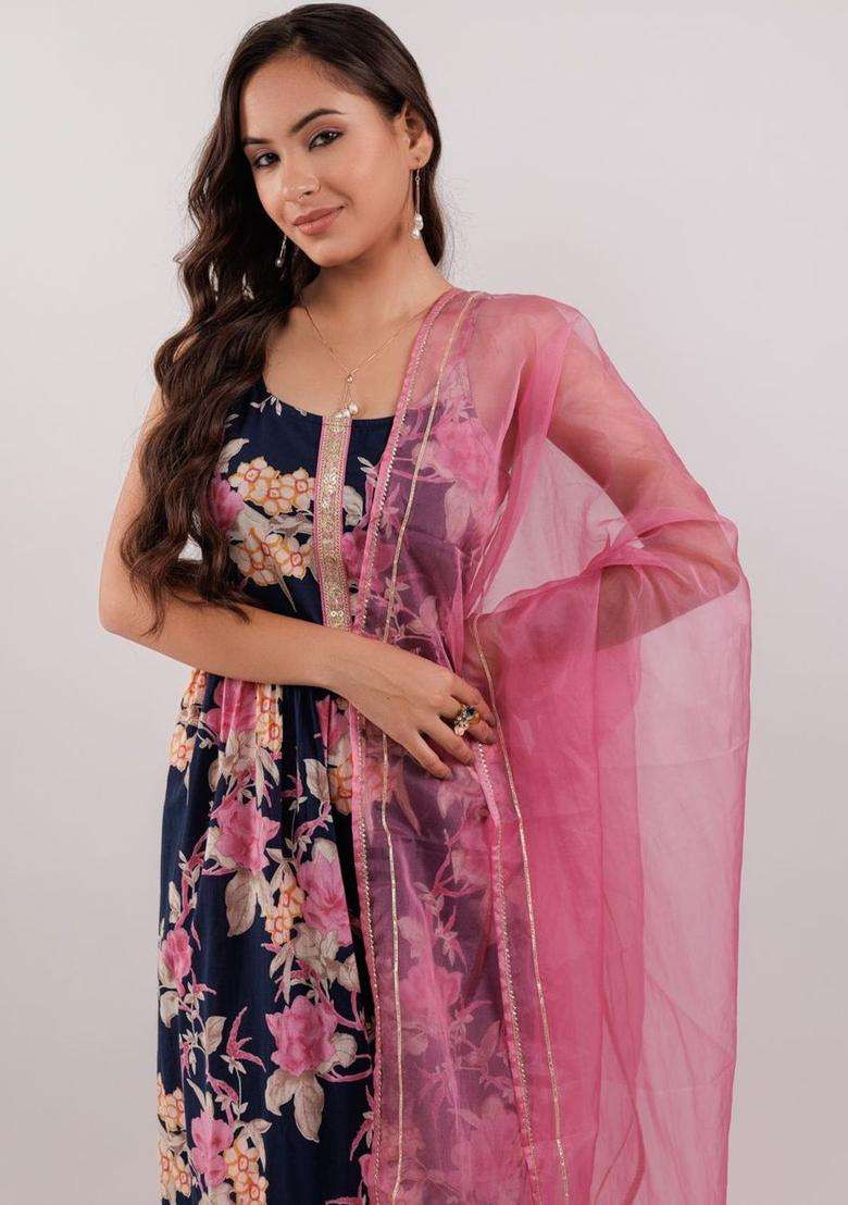 Navy Blue Printed Cotton Kurta Set - Indya