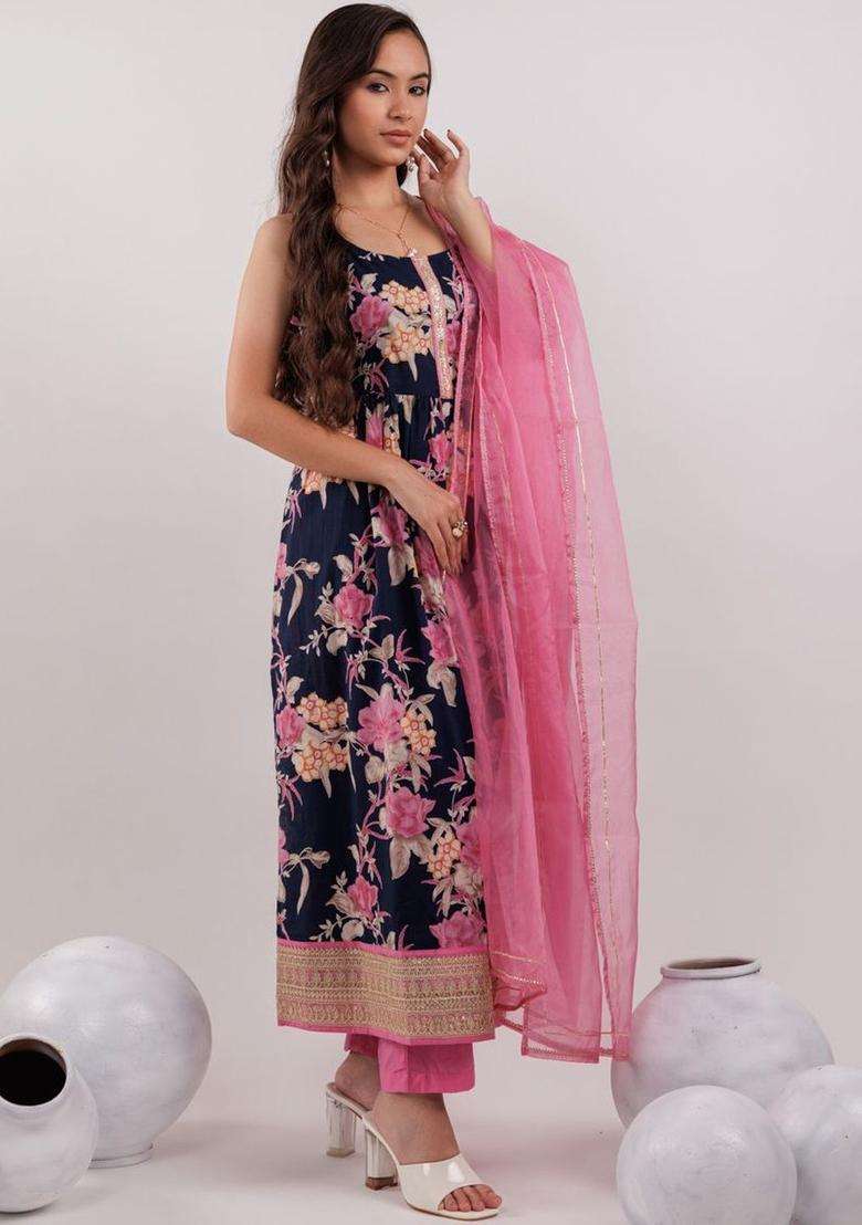Navy Blue Printed Cotton Kurta Set - Indya