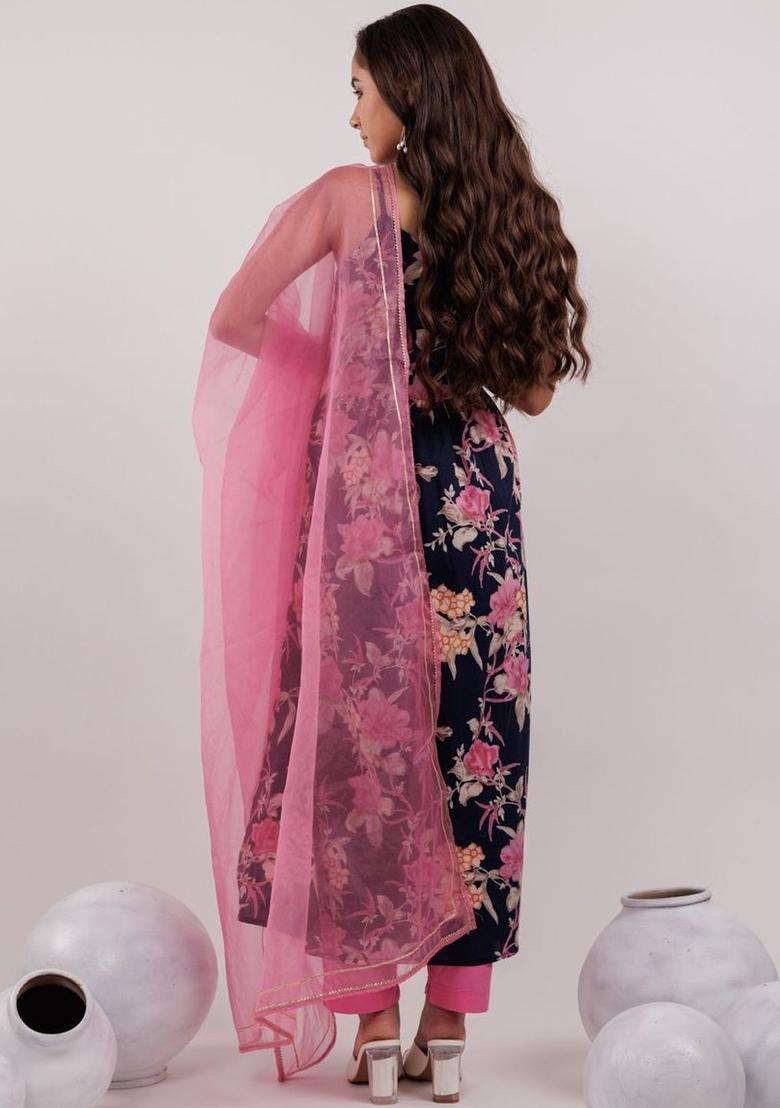 Navy Blue Printed Cotton Kurta Set - Indya