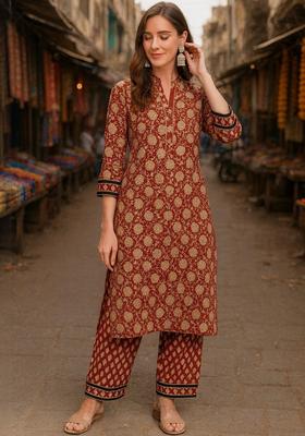 Red Printed Cotton Kurta Set