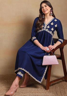 Navy Blue Embroidered Silk Kurta Set