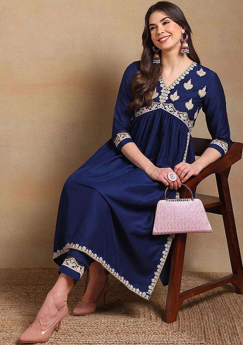 Navy Blue Embroidered Silk Blend Kurta Set - Indya