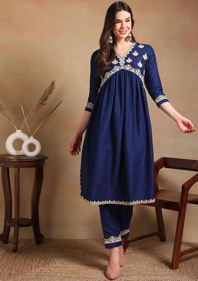 Navy Blue Embroidered Silk Blend Kurta Set - Indya