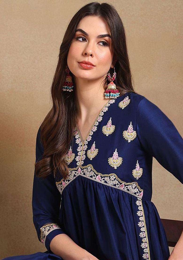 Navy Blue Embroidered Silk Blend Kurta Set - Indya