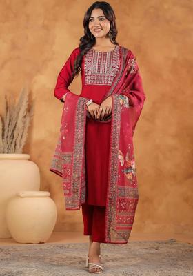 Maroon Embroidered Silk Kurta Set