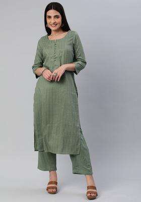 Green Self Design Cotton Kurta Set