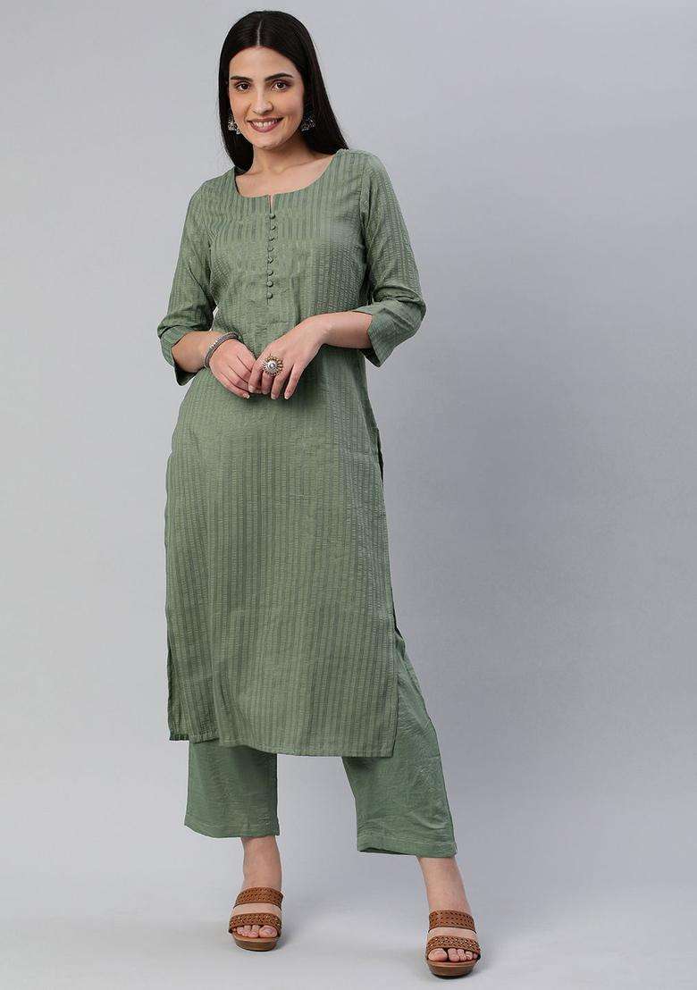 Green Self Design Cotton Kurta Set - Indya