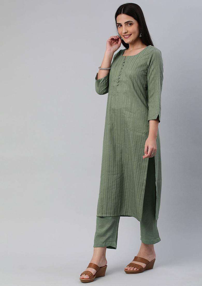 Green Self Design Cotton Kurta Set - Indya