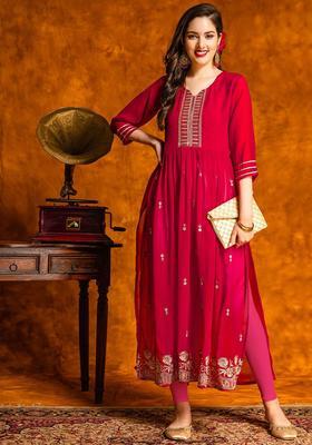Red Embroidered Georgette Kurta Set