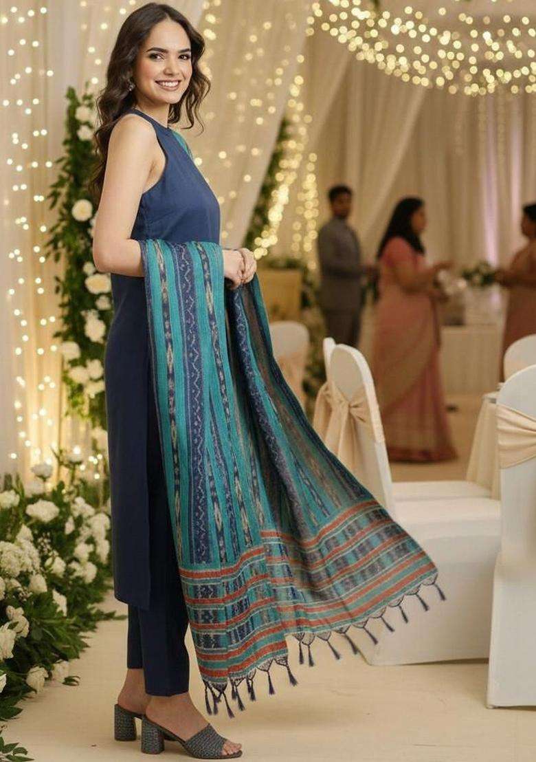 Navy Blue Solid Cotton Kurta Set - Indya