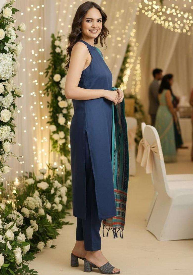 Navy Blue Solid Cotton Kurta Set - Indya
