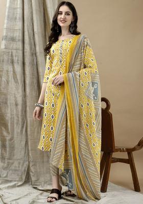 Yellow Printed Cotton Kurta Set
