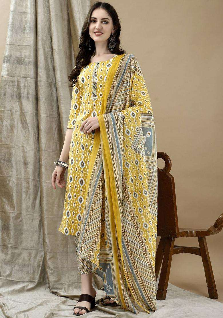 Yellow Printed Cotton Kurta Set - Indya