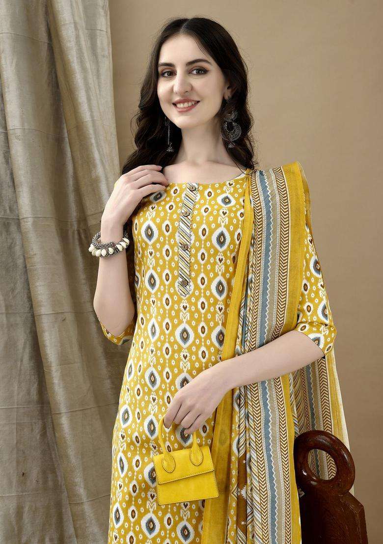 Yellow Printed Cotton Kurta Set - Indya