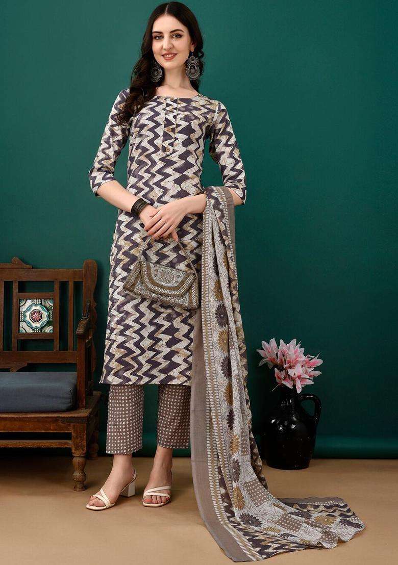 Grey Printed Cotton Kurta Set - Indya