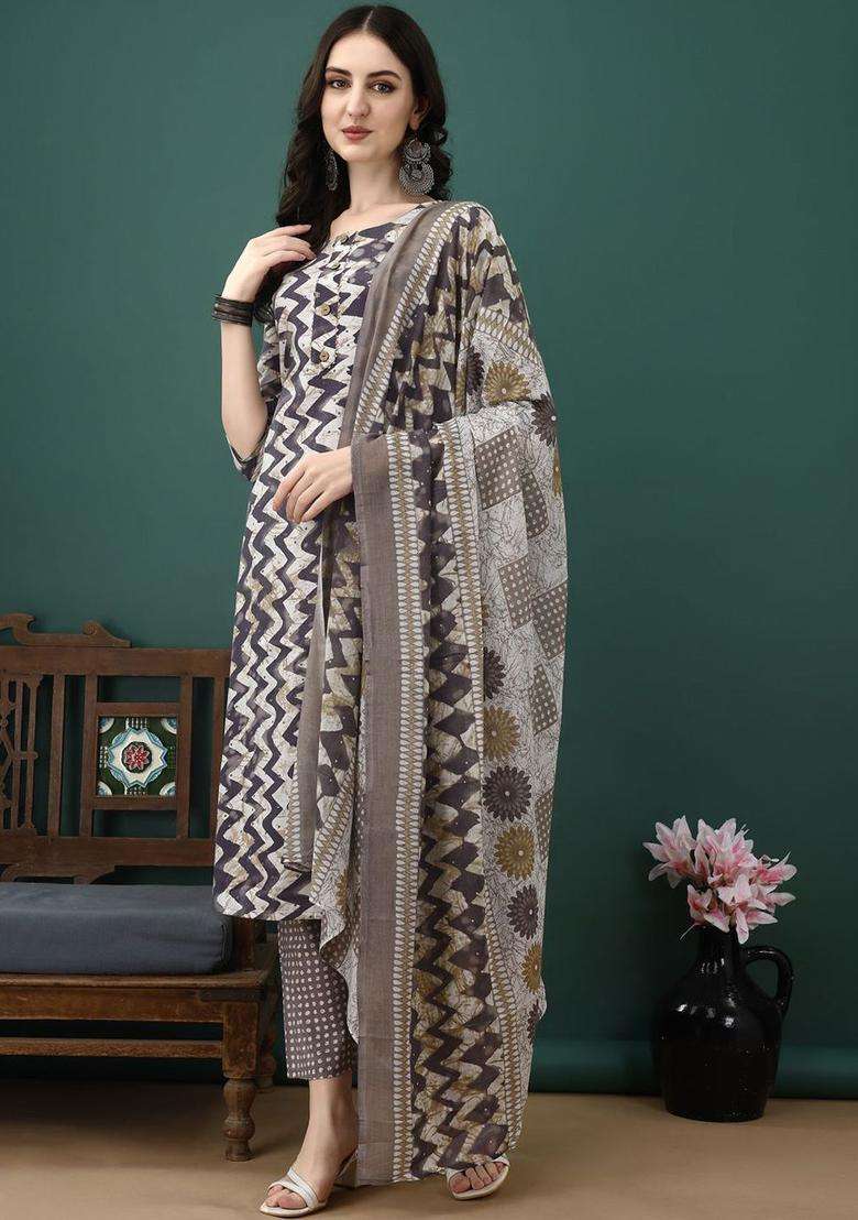 Grey Printed Cotton Kurta Set - Indya