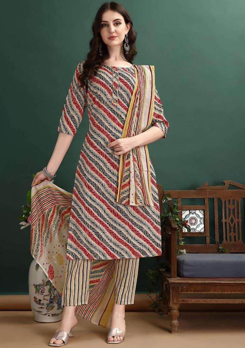 Grey Printed Cotton Kurta Set - Indya