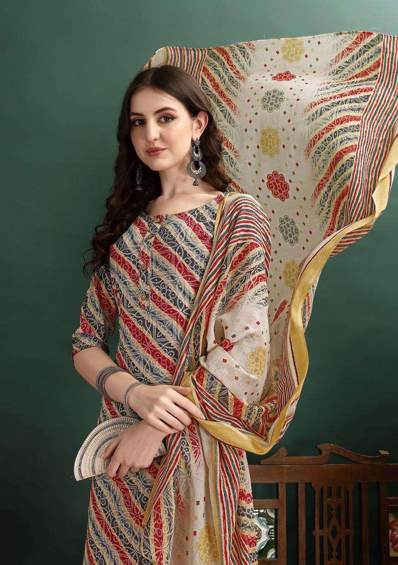 Grey Printed Cotton Kurta Set - Indya