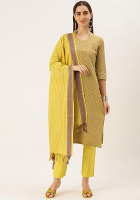 Yellow Woven Design Cotton Kurta Set