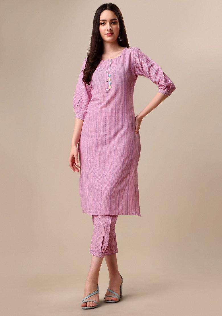 Pink Striped Cotton Kurta Set - Indya