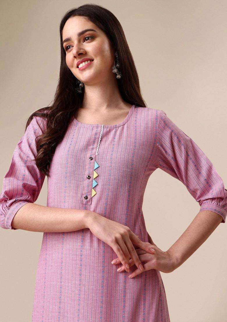 Pink Striped Cotton Kurta Set - Indya