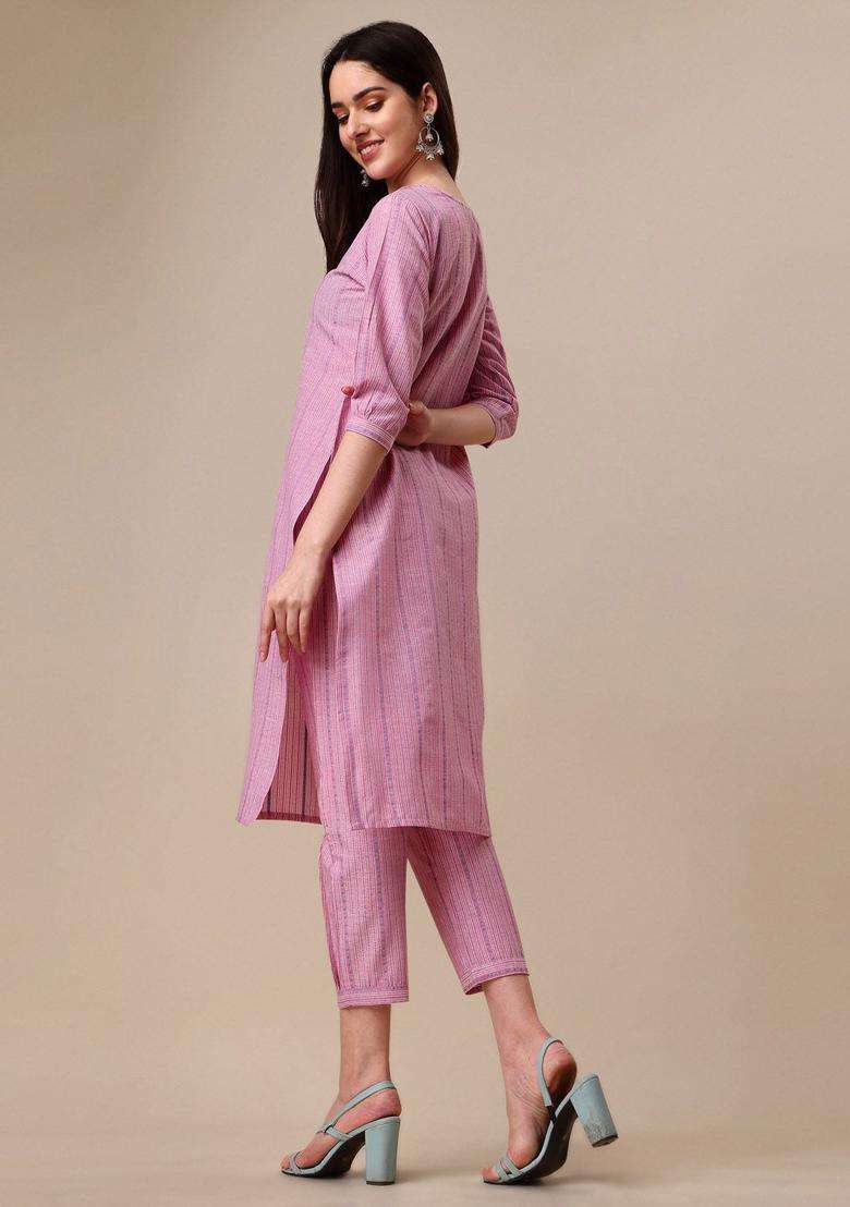 Pink Striped Cotton Kurta Set - Indya