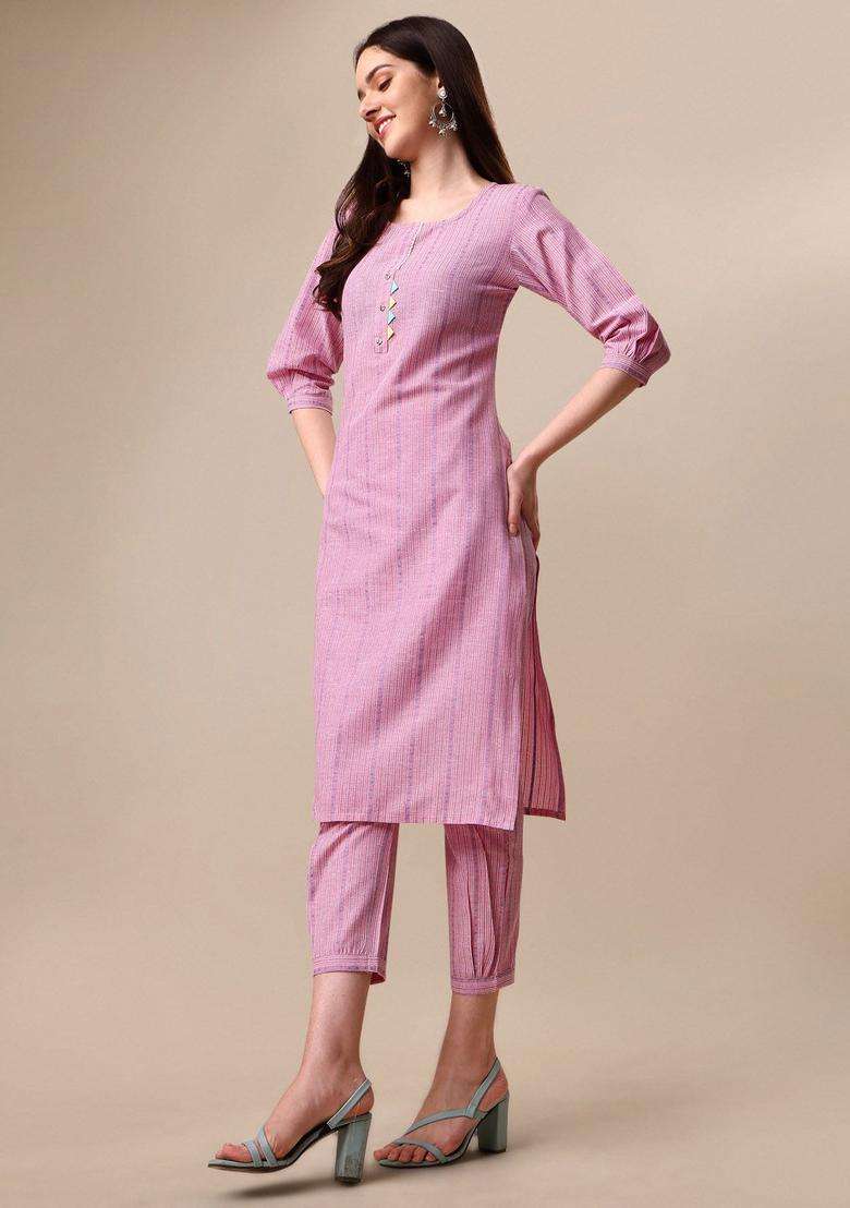 Pink Striped Cotton Kurta Set - Indya