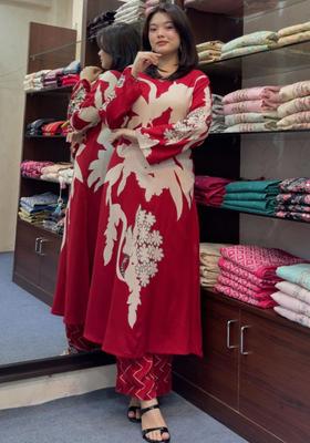 Red Printed Viscose Kurta Set