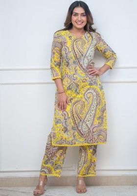 Yellow Printed Viscose Kurta Set