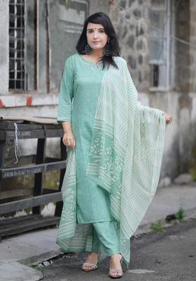 Sea Green Woven Design Viscose Kurta Set