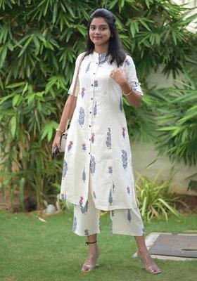 Cream Printed Viscose Kurta Set