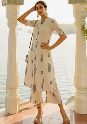 Off White Printed Viscose Kurta Set