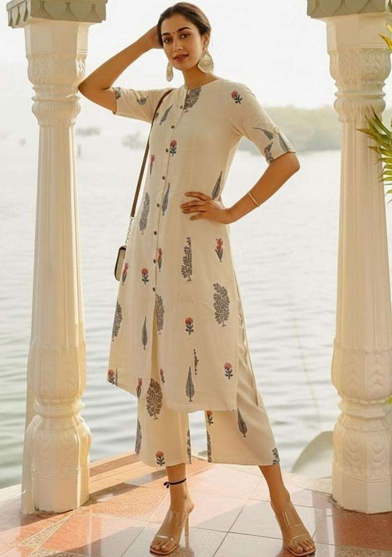 Off White Printed Viscose Kurta Set - Indya