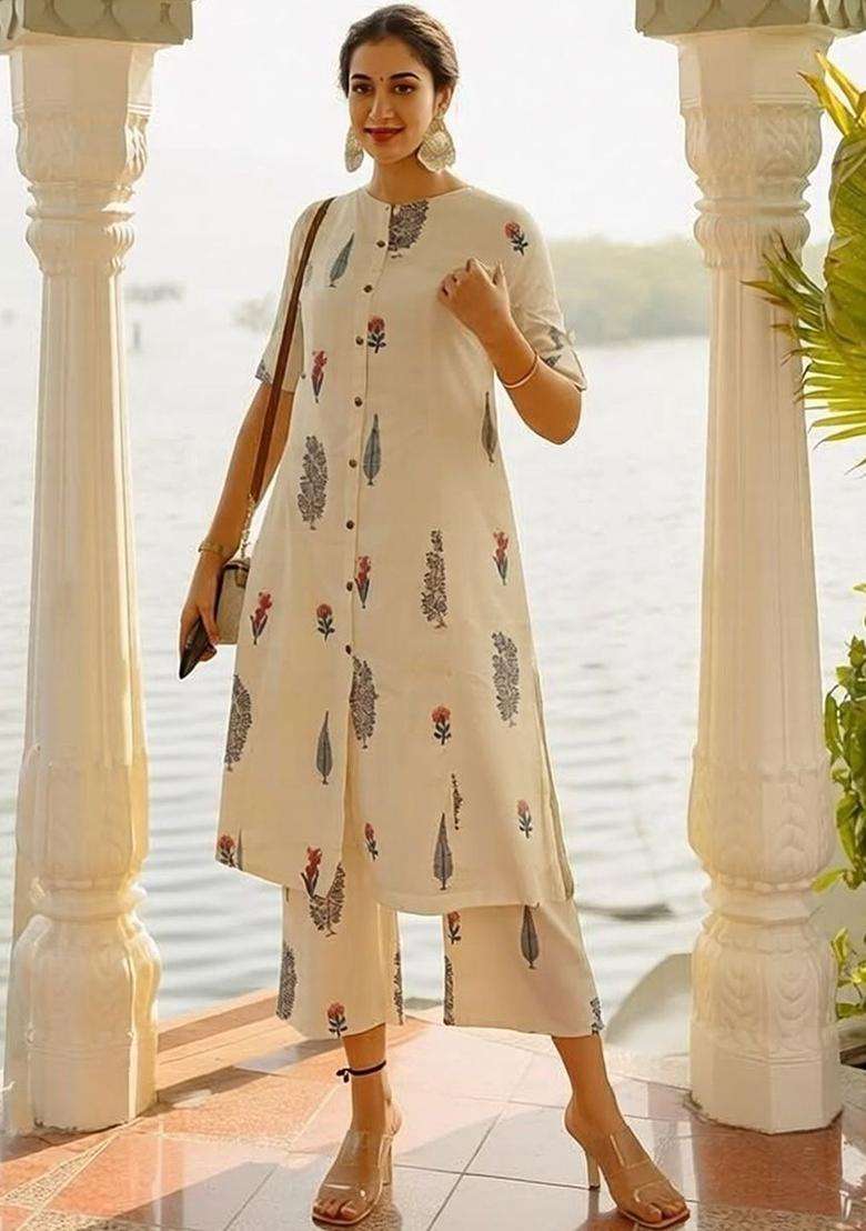 Off White Printed Viscose Kurta Set - Indya