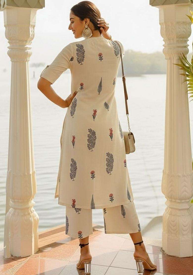 Off White Printed Viscose Kurta Set - Indya